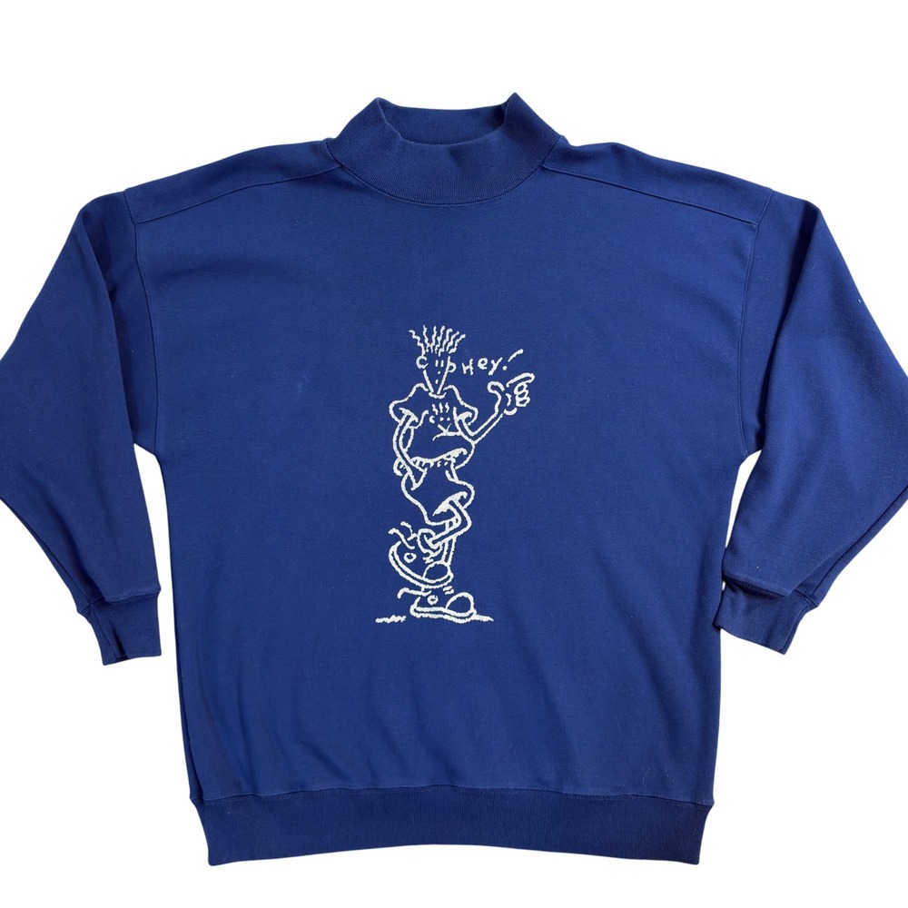 Vintage Fido Dido Graphic Mock Neck Sweatshirt Blue Long Sleeve Men One Size